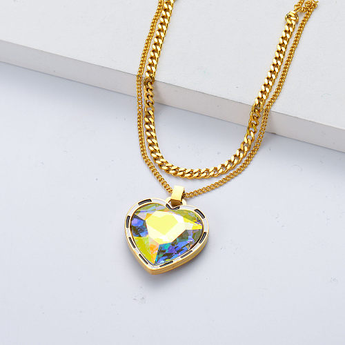 cristal brillant en forme de coeur pendentif collier en acier inoxydable pour fille