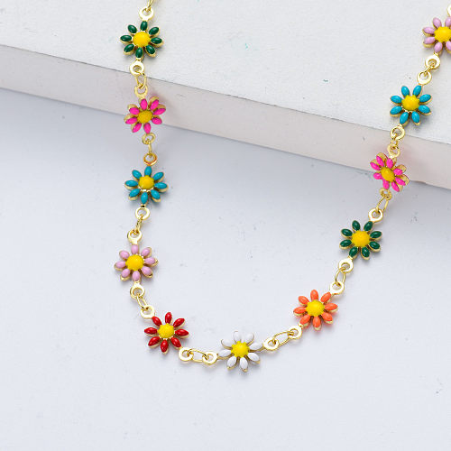 Colar de aço inoxidável pingente de forma de flor multicolorida para menina