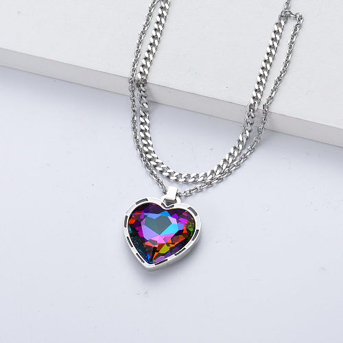 collier en acier inoxydable avec pendentif en forme de coeur en cristal en argent pour mariage