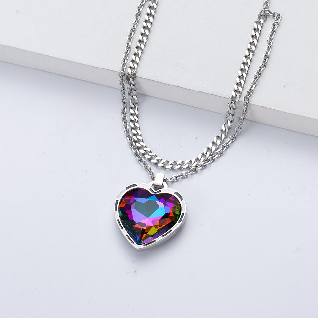 collier en acier inoxydable avec pendentif en forme de coeur en cristal en argent pour mariage