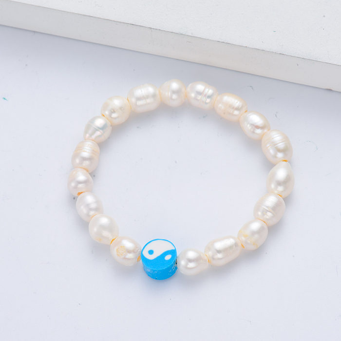 perle blanche avec bracelet pendentif bleu pour femme