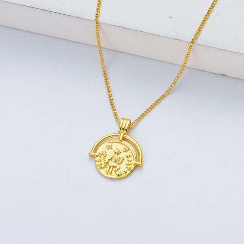 collier en argent sterling avec pendentif religieux rond plaqué or
