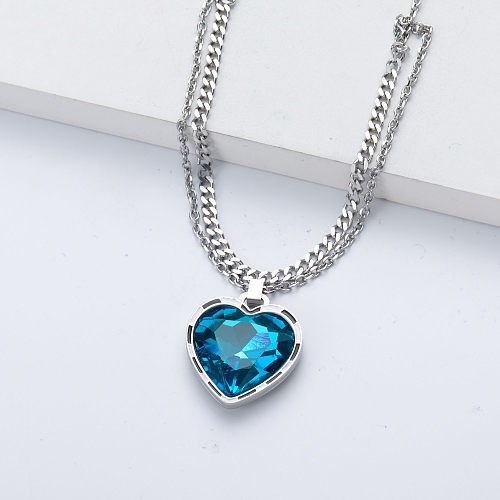 Collier en acier inoxydable en forme de coeur en cristal avec pendentif bleu pour femme