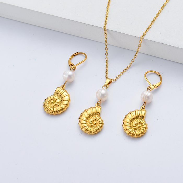 Halsketten-Ohrring-Sätze der Großhandelsvergoldung 18K der Frauen des Muschelhorns 316L