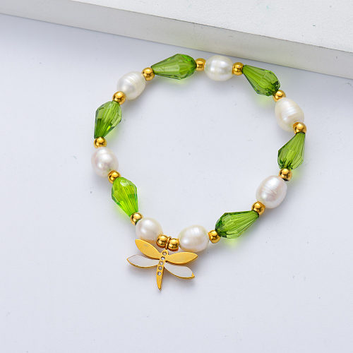 green crystal and pearl butterfly pendant bracelet for wedding