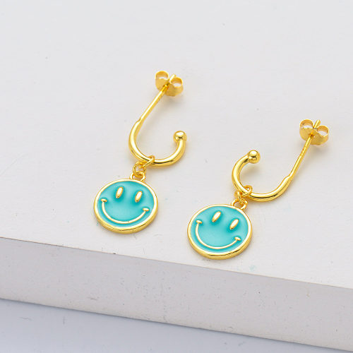 hot selling gold plated blue smiley charm cuff earrings