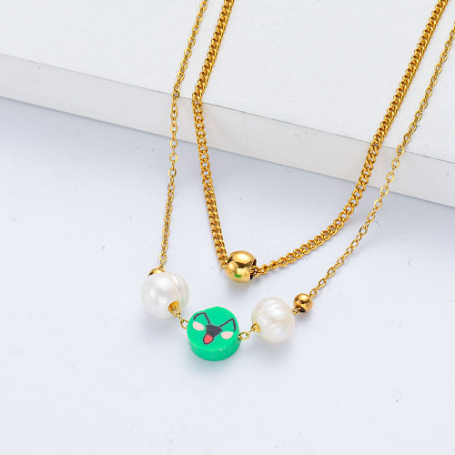 wholesale green smiley face round charm 18k stainless steel gold plated layered necklace
