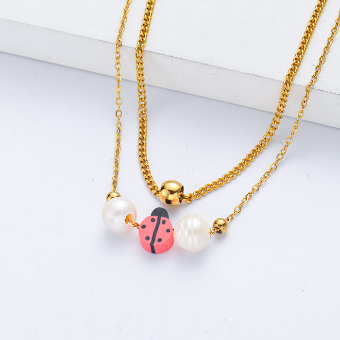 Summer Necklace Stainless Steel PVD Gold Plated Ladybug Layered Necklace