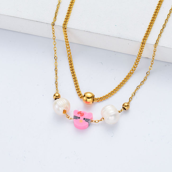 Wholesale 18K Gold Plated Layered Chain 316L Pink Kitty Women's Necklace