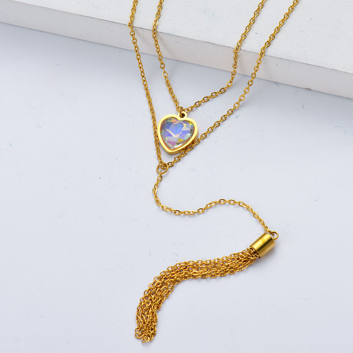 colar de aço inoxidável em forma de coração em placa de ouro cristal
