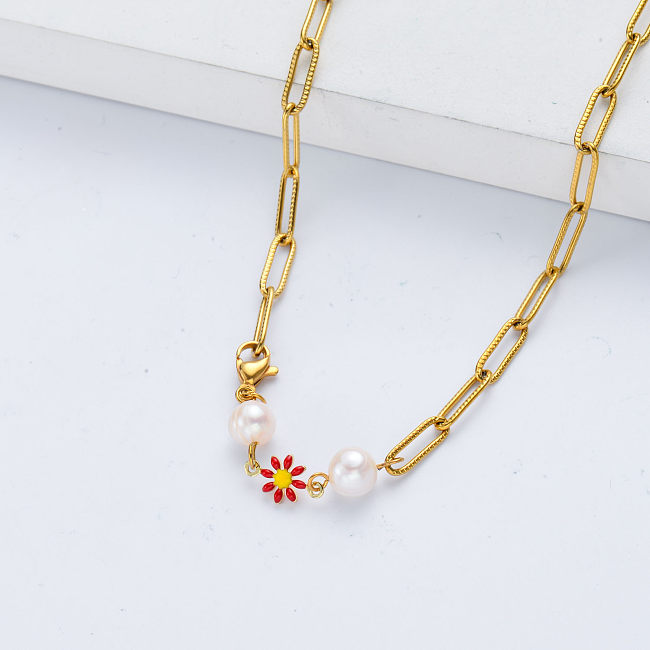 Pingente em forma de flor de aço inoxidável joias da moda colares de corrente de pérolas presente