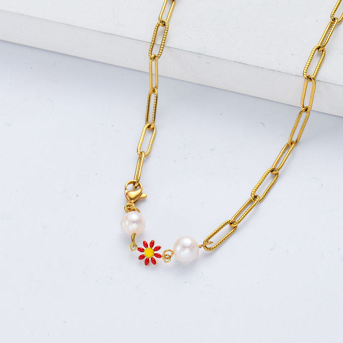 Pingente em forma de flor de aço inoxidável joias da moda colares de corrente de pérolas presente