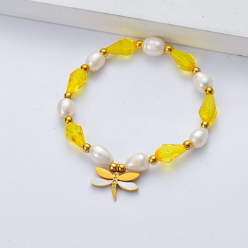 pulsera colgante mariposa cristal amarillo y perla para boda