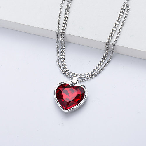 collar de acero inoxidable con forma de corazón con colgante de cristal rojo para boda