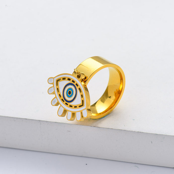 No Fade Stainless Steel White Blue Enamel Evil Eyes Rings Amulet Jewelry