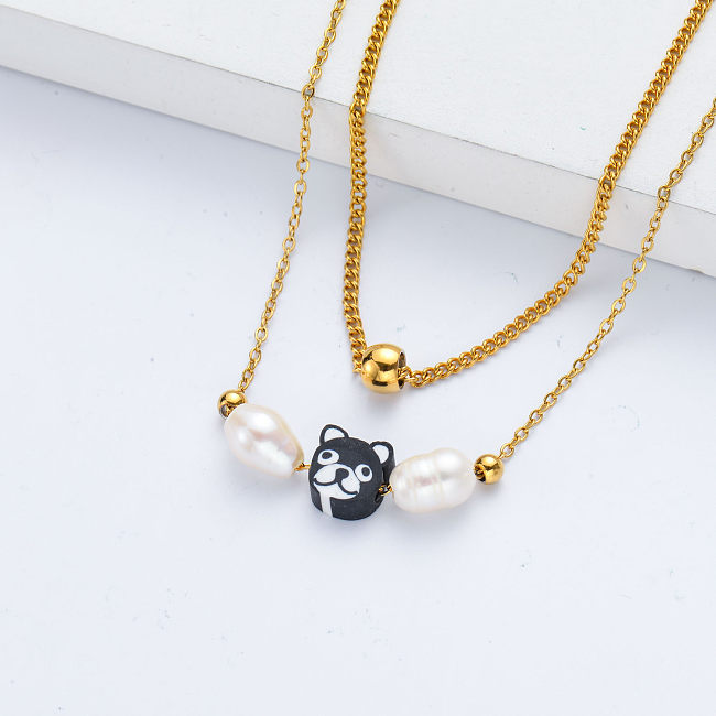 Woman Anniversary Gift Gold Plated Dog With Pearl Multi Layer Necklace