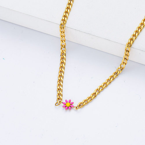 wholesale stainless steel chain with pink flower chain necklace jewelry