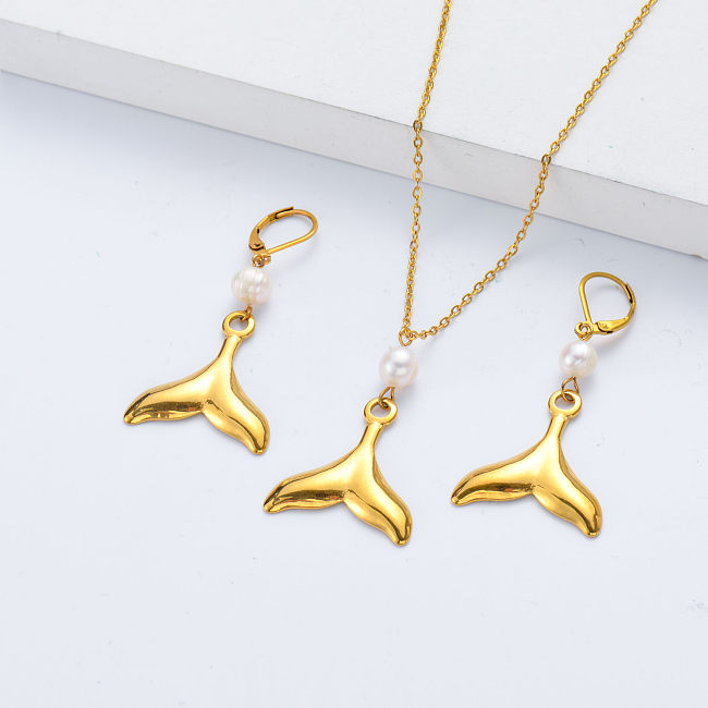 18k Gold Plated Stainless Steel Mermaid Pendant Necklace Earrings Jewelry Set
