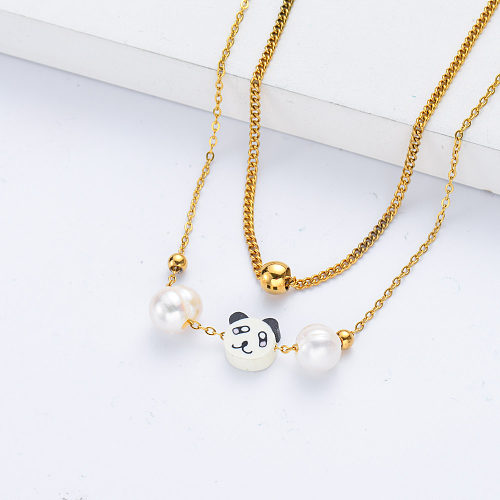 cute panda pendant jewelry stainless steel layered necklace for women wholesale