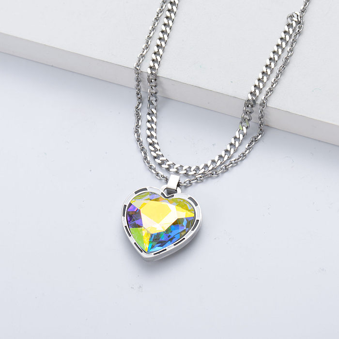 collier en acier inoxydable argenté avec pendentif en forme de coeur en cristal pour mariage