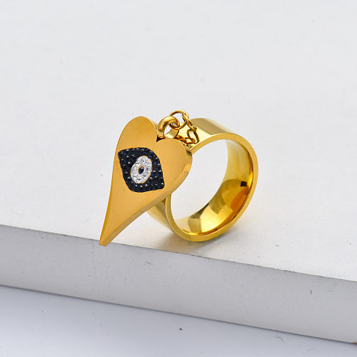 Corazón de acero inoxidable chapado en oro turco de alta calidad con anillo de cristal de mal de ojo para mujer