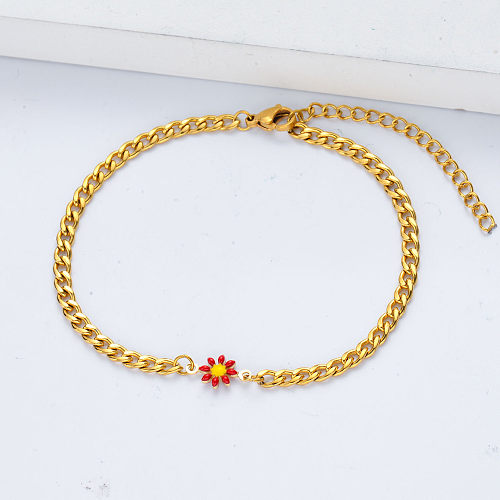 charme de flor de margarida vermelha na moda com pulseiras de corrente banhadas a ouro