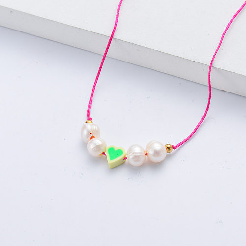 latest design white green heart charm with natural pearl pink rope chain necklace