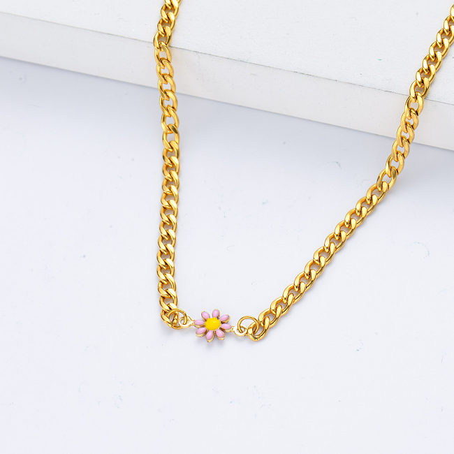 wholesale 18k gold plated pink flower charm necklace jewelry for women