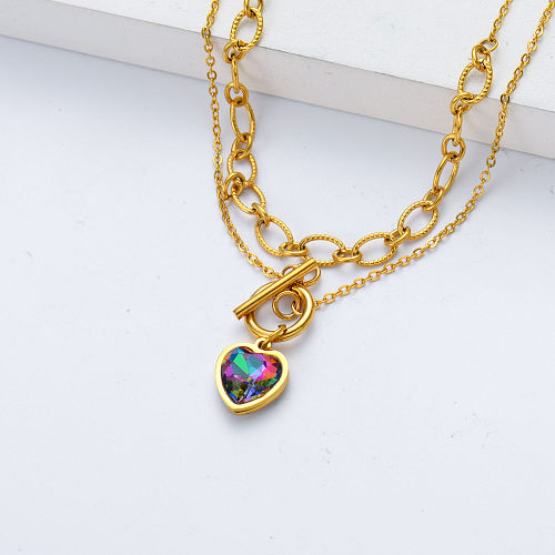 collier de plaque d'or d'acier inoxydable de forme de coeur en cristal pour le mariage