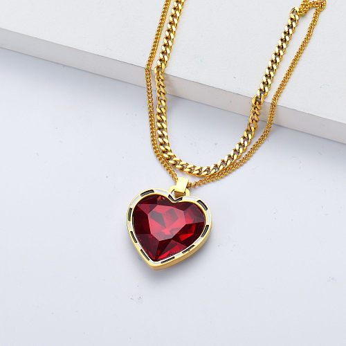 cristal de vin en forme de coeur pendentif collier en acier inoxydable pour fille