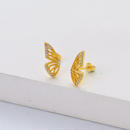 Moda 925 plata esterlina chapada en oro Cubic Zirconia Cute Butterfly Stud Earring