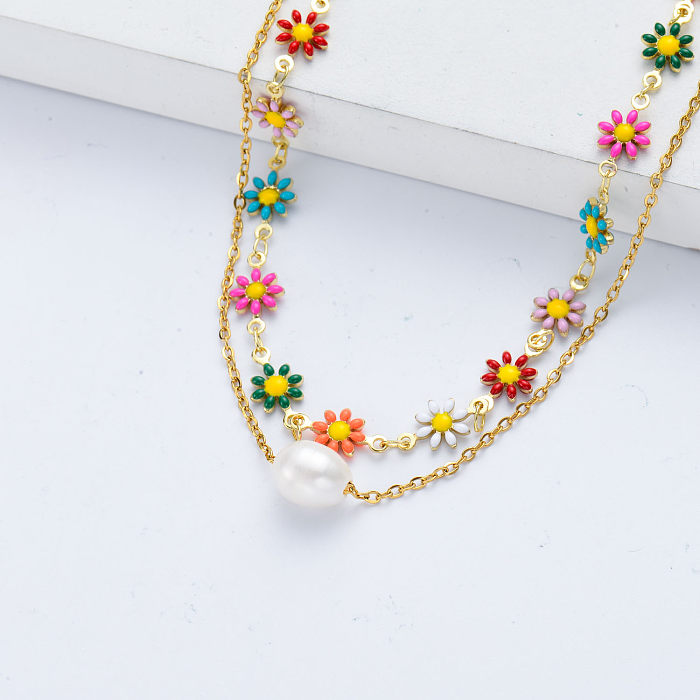 Fashion Colorful Daisy Flower Chain With Pearl Charm Layered Necklace For Women