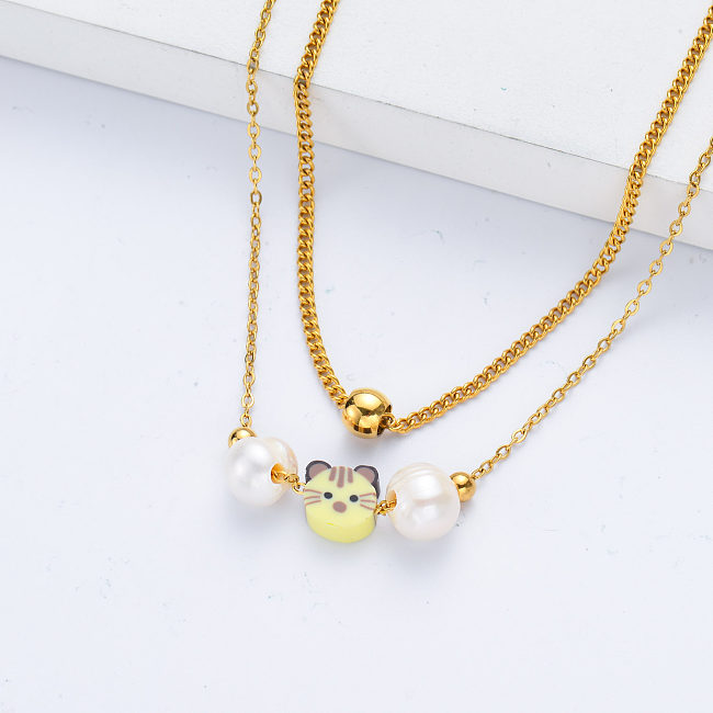 18K Gold Plated Titanium Stainless Steel Layered Chain With Kitty Charm Necklace