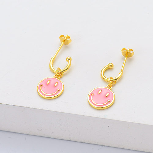 Fashion pink enamel smile face  happy sterling silver cuff earrings