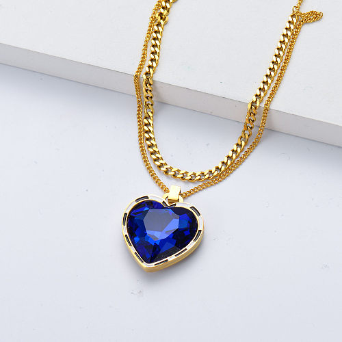 blue crystal in heart shape pendant stainless steel necklace for girl