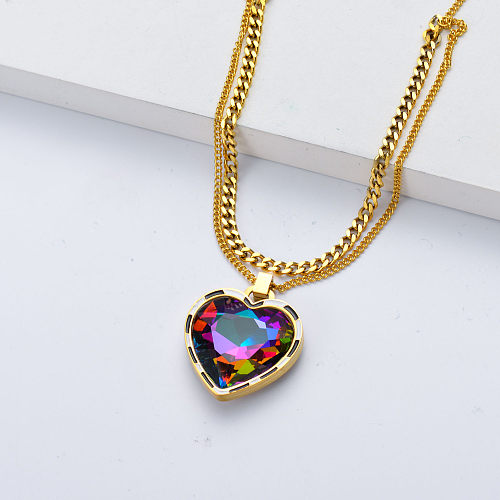 cristal de luxe en forme de coeur collier en acier inoxydable pour fille
