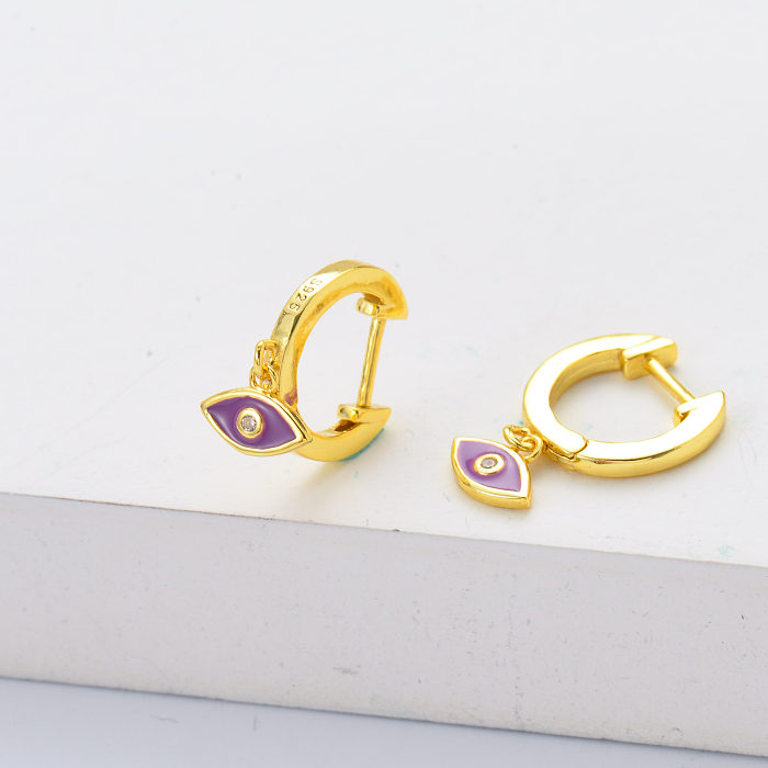 Wholesale 925 sterling silver gold plated purple evil eye pendant cuff hoop earrings