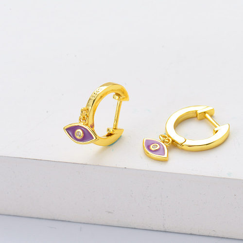 Wholesale 925 sterling silver gold plated purple evil eye pendant cuff hoop earrings