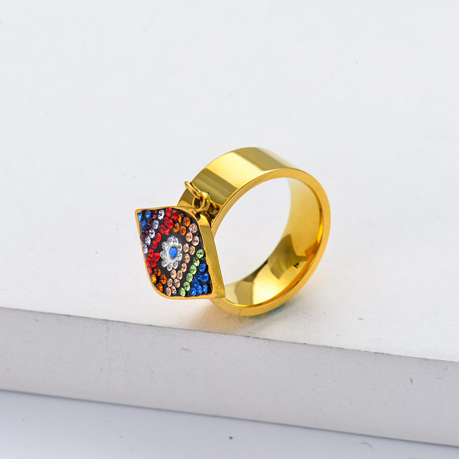 Anéis de olho mau de cristal colorido de aço inoxidável banhado a ouro 18k na moda sem manchas