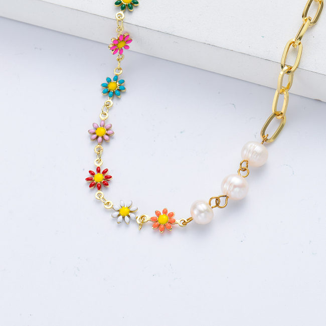 Joyas de flores Margarita colorida con collar de perlas para mujer para regalo