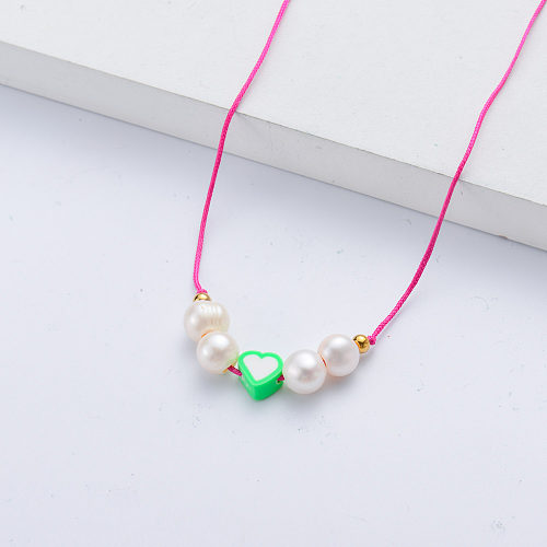 Simple Green Heart Charm With Pearl Pink Rope Chain Necklace