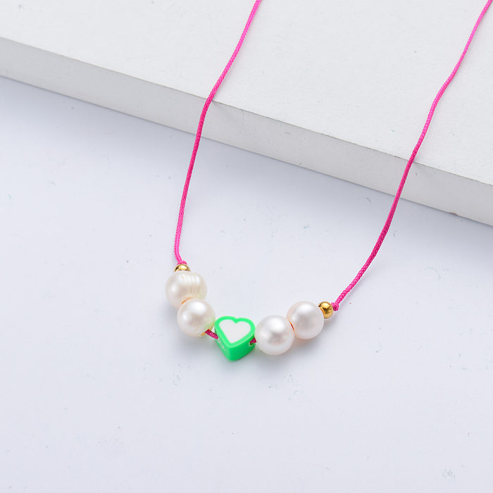 Simple Green Heart Charm With Pearl Pink Rope Chain Necklace
