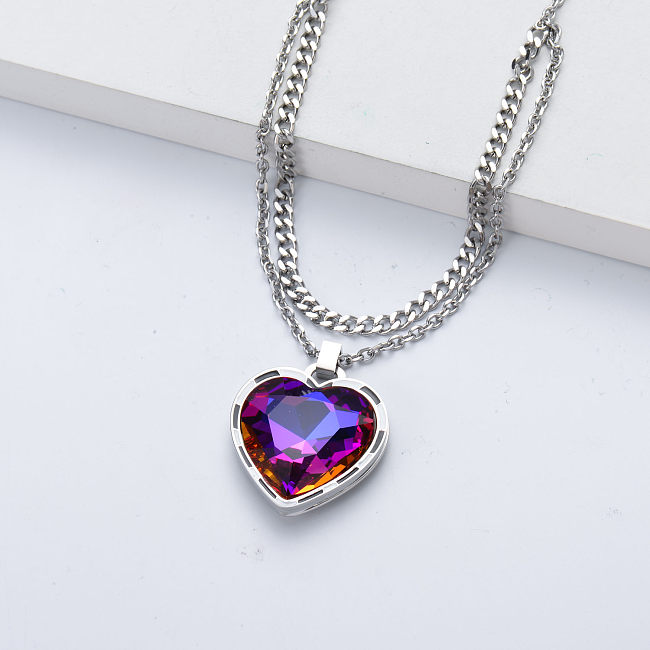 cristal d'argent en forme de coeur collier en acier inoxydable pour fille