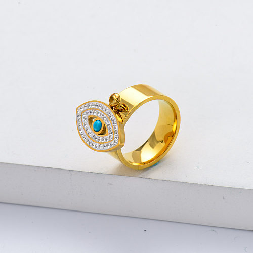 Jóias da moda 2022 em aço inoxidável folheado a ouro olhos malignos com anel de cristal