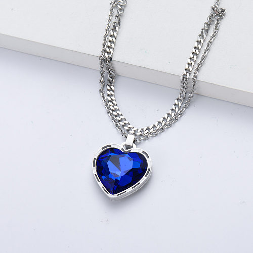 Collier en acier inoxydable en forme de coeur avec pendentif en cristal bleu pour femme