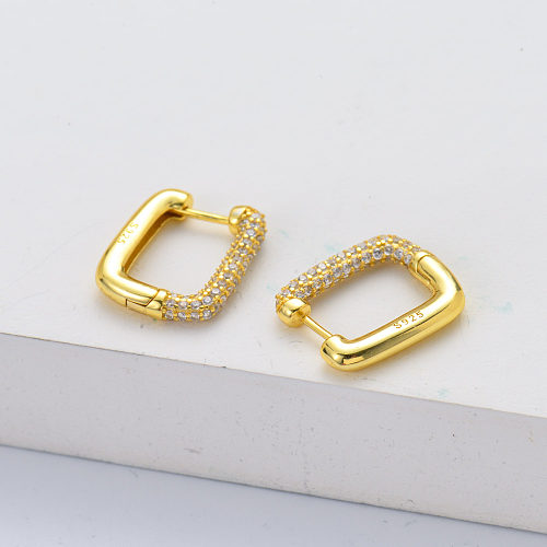 925 Sterling Silver Gold Plated Geometric Rectangle With Zirconia Hoop Earrings