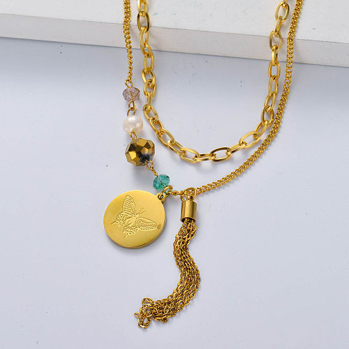 hot selling smiley pendant with long tassel layered chain necklace gold plated jewelry