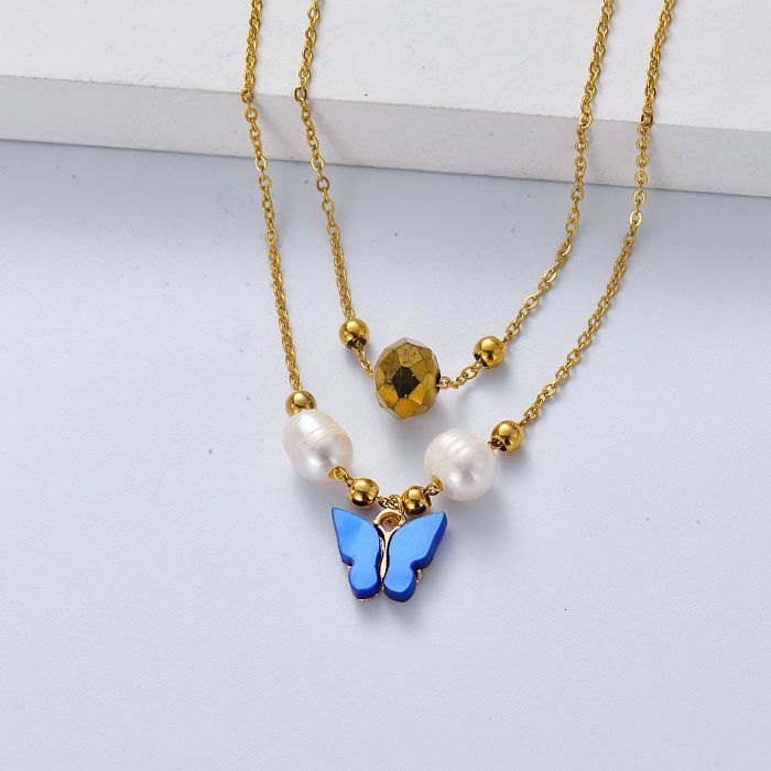 collier acier inoxydable papillon bleu et perle pour mariage