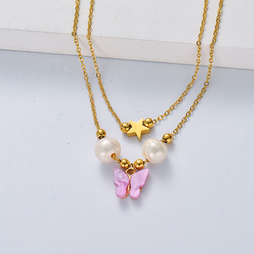 collier acier inoxydable papillon rose et perle pour mariage