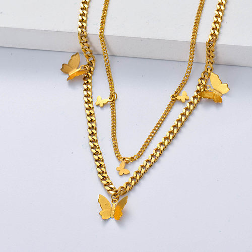 colar de aço inoxidável em forma de borboleta de ouro para mulheres
